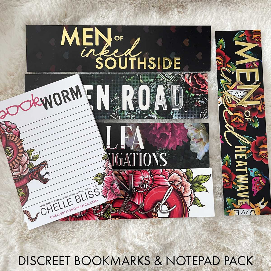 Bliss Discreet Bookmarks and notepad pack featuring bookmarks from the series Men of Inked Southside, Men of Inked Heatwave, ALFA Investigations, Open Road and Men of Inked Originals on a cream background.