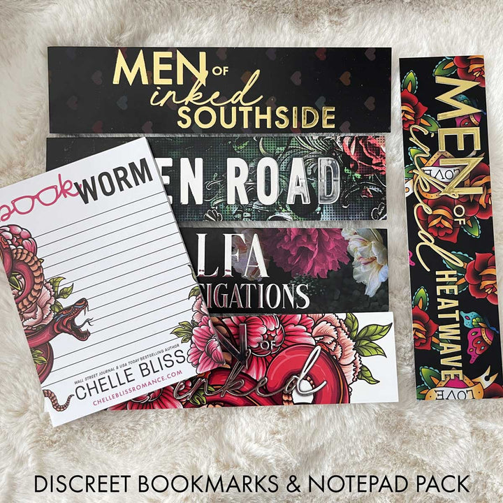 Bliss Discreet Bookmarks and notepad pack featuring bookmarks from the series Men of Inked Southside, Men of Inked Heatwave, ALFA Investigations, Open Road and Men of Inked Originals on a cream background.