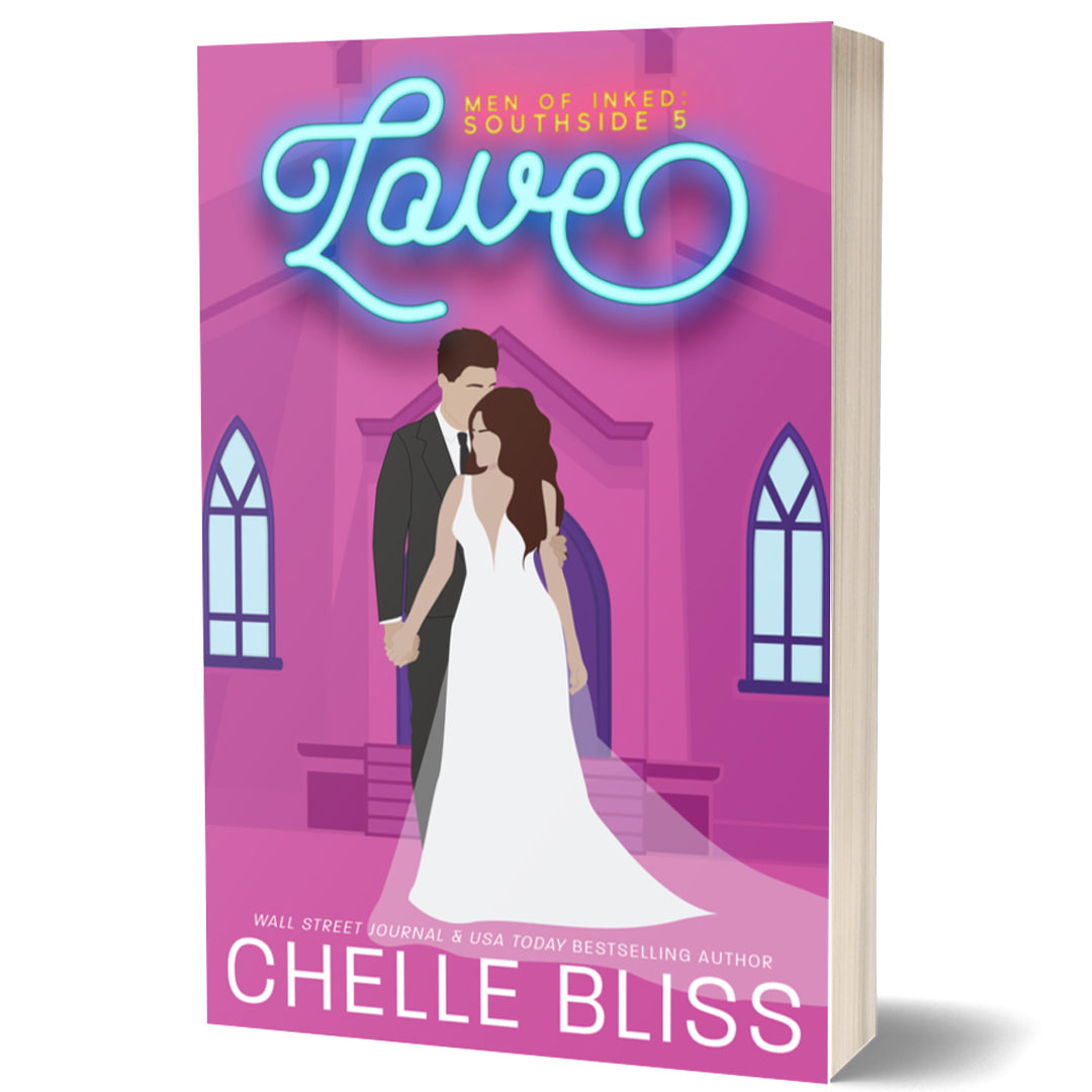 Book cover of 'Love' by Chelle Bliss with a couple in front of a church on a pink background