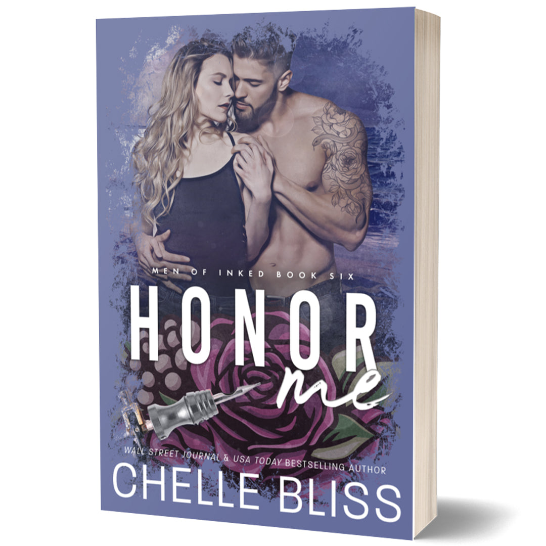 A 3D mockup of a paperback book titled 'Honor Me' by Chelle Bliss, showing the front cover with an illustration of a couple and a rose, and the beige pages of the book standing out on the right.