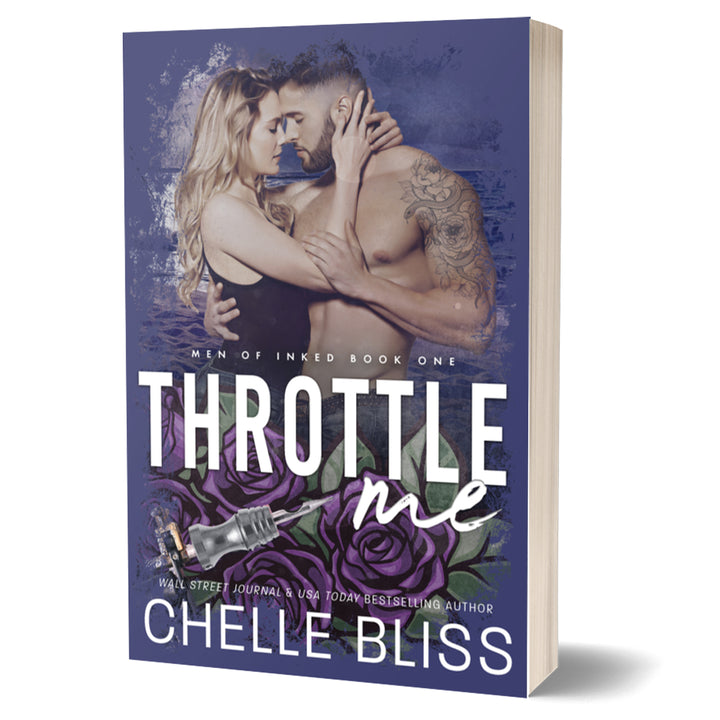 A 3D mockup of a paperback book titled 'Throttle Me' by Chelle Bliss, showing the front cover with a romantic cover art of a couple embracing, purple roses, and a tatoo gun illustration, set against a plain white background.