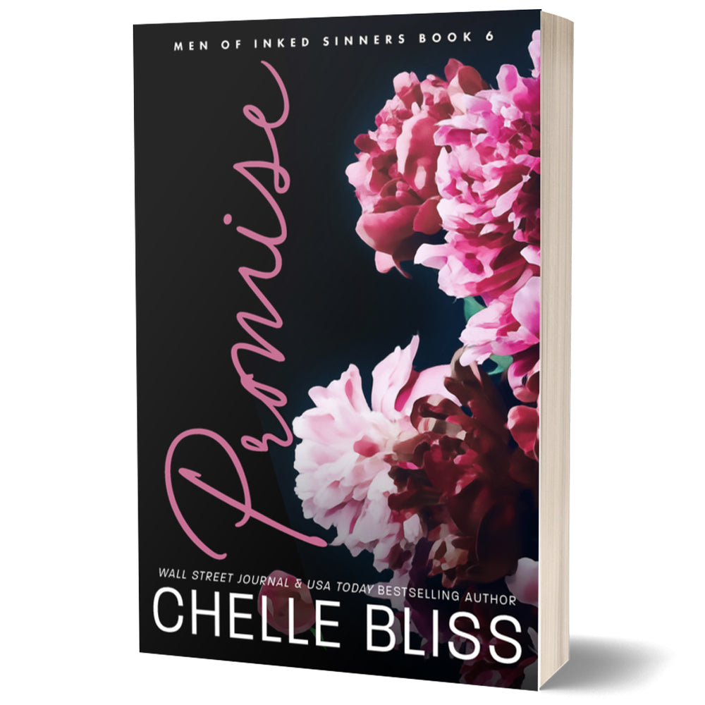 Book cover for 'Promise' by Chelle Bliss, featuring a black background with large pink and white flowers and the author's name in white at the bottom.