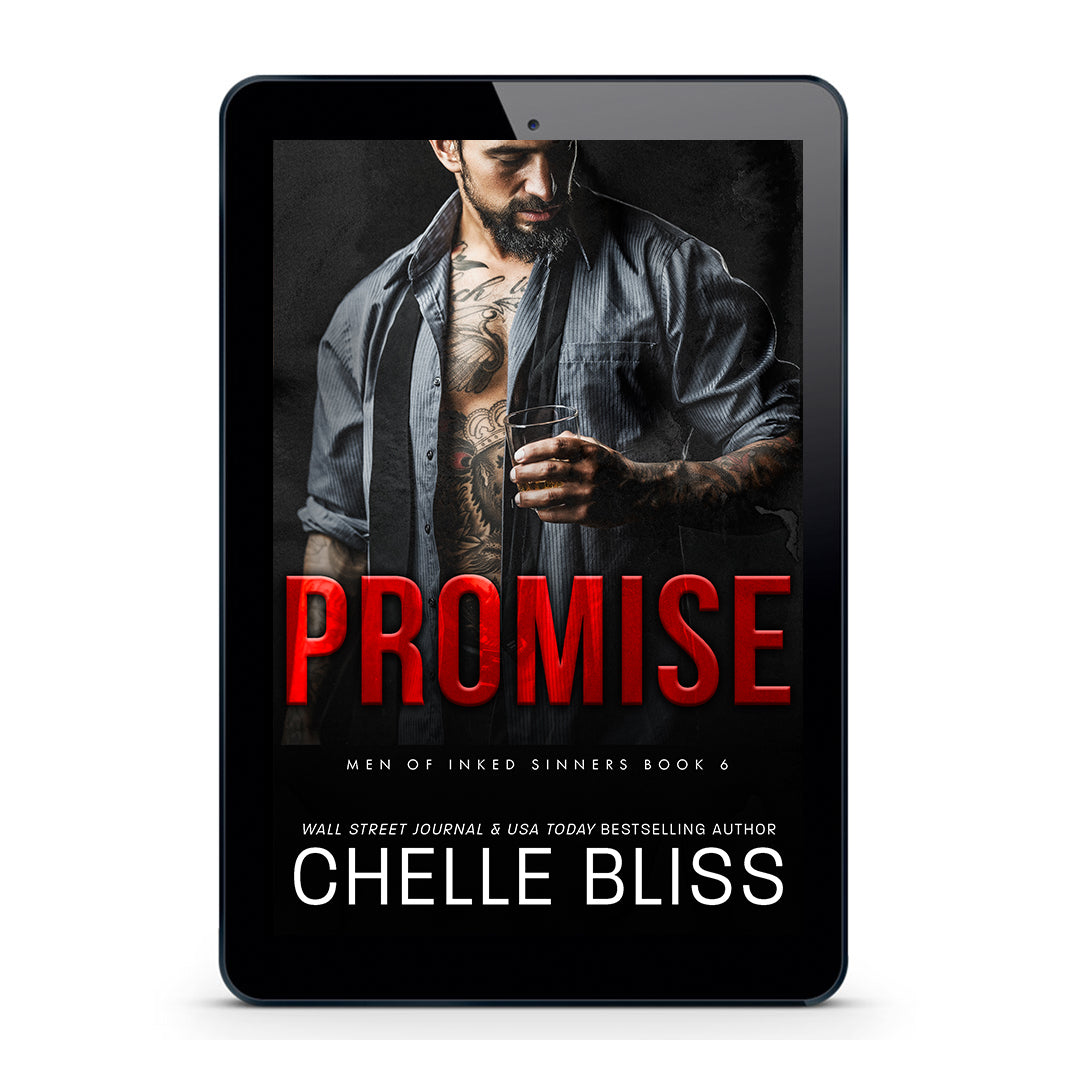 A tablet device centered on a light gray background, displaying a book cover for "Promise" by Chelle Bliss. The cover shows a tattooed man in an open denim shirt holding a glass, with the title in large red letters and the author name in white at the bottom.