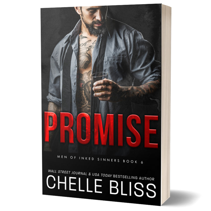 A 3D mockup of a paperback book titled 'Promise' by Chelle Bliss. The cover features a dark, moody photograph of a tattooed man in an open denim shirt holding a glass, with the title 'PROMISE' in bold red letters and the author's name in white at the bottom.