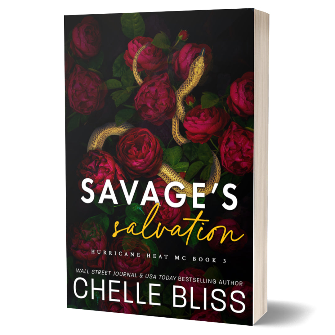 Book cover of 'Savage's Salvation' by Chelle Bliss with red roses and a snake on a dark background.