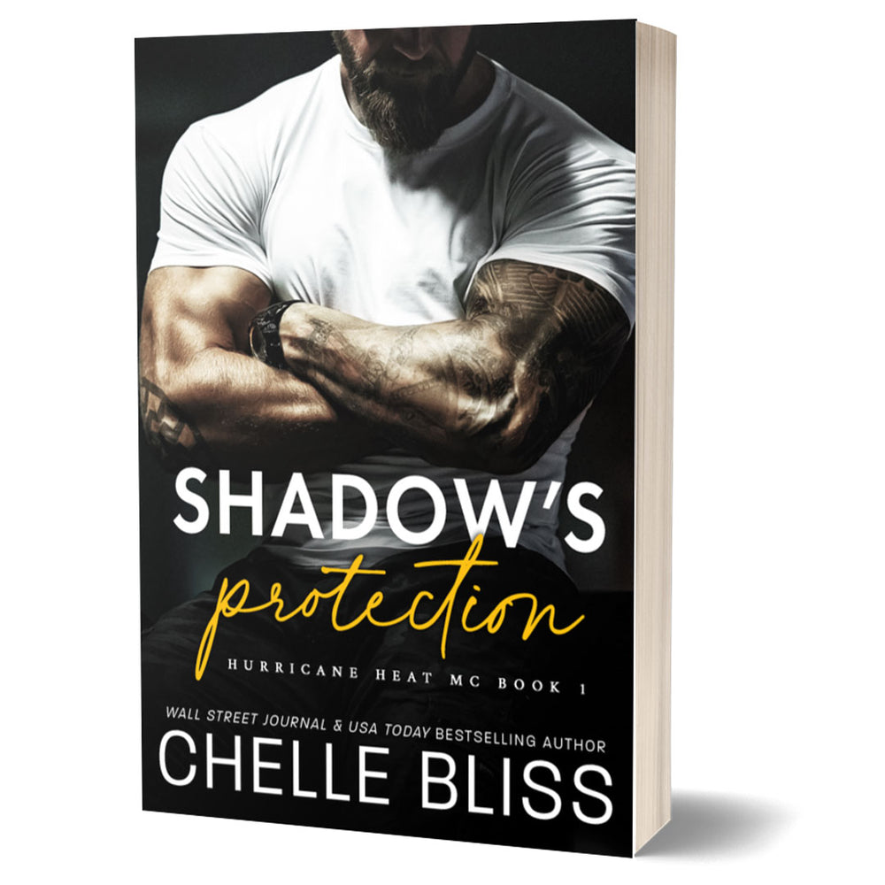 Book cover of 'Shadow's Protection' by Chelle Bliss with a man in a white t-shirt on a black background.