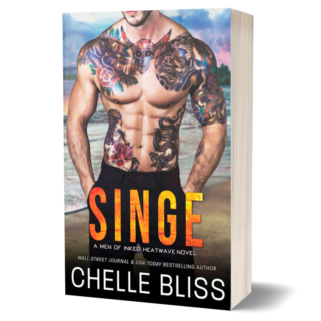 singe paperback book by chelle bliss shirless tattoed man at beach 