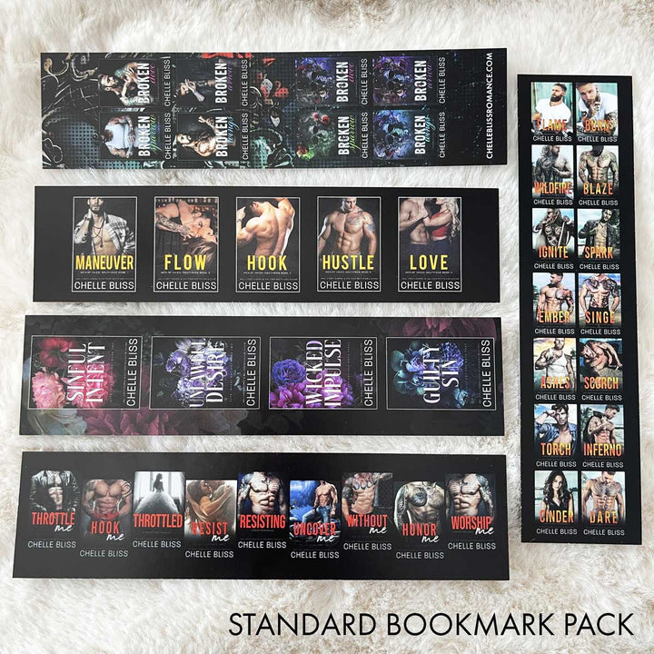 Bliss Bookmark Bundle featuring several and various Romance themed books on the bookmarks on a creme background.