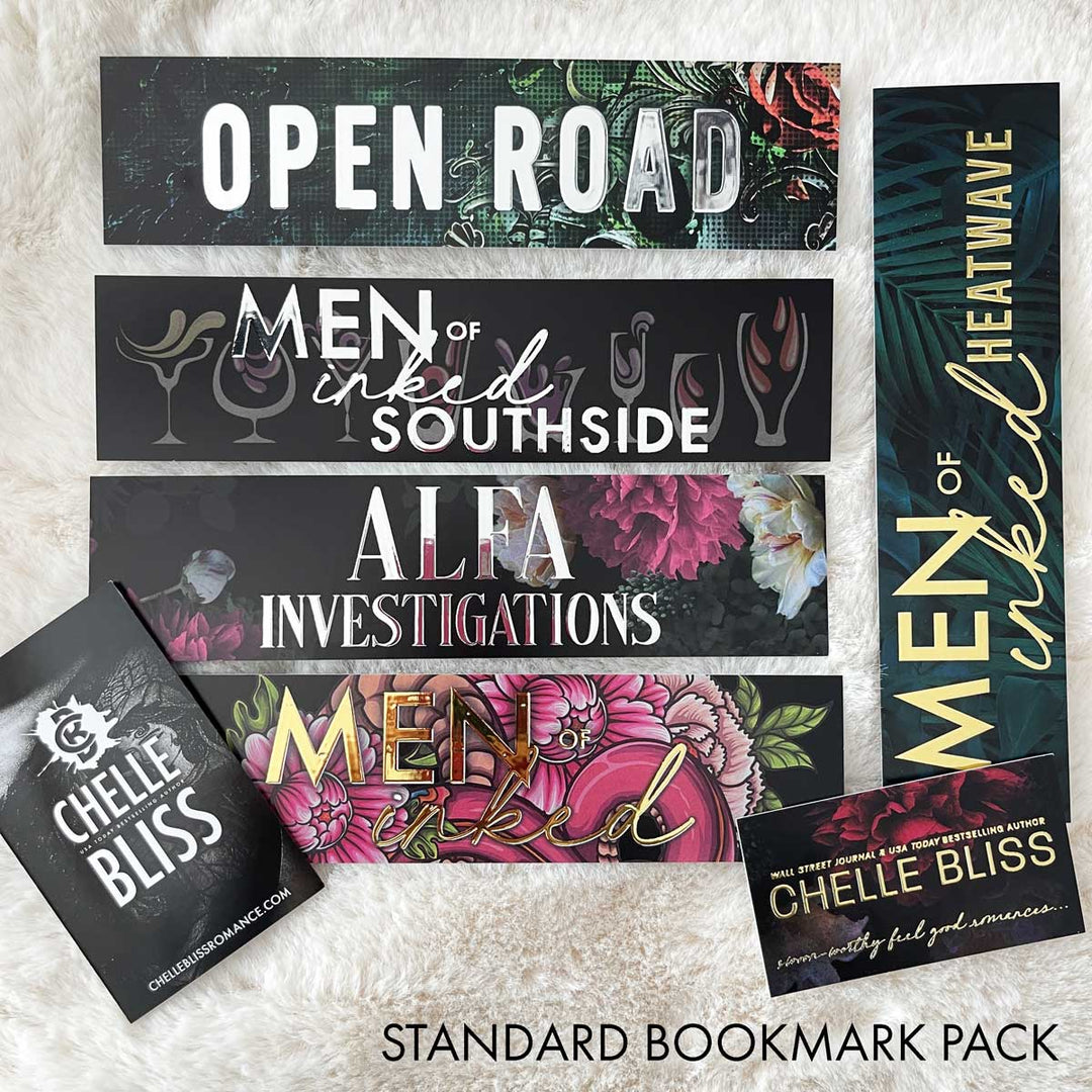 Bliss Bookmark Bundles featuring Open Road, Men of Inked Southside, ALFA Investigations, Men of Inked Heatwave and Men of Inked Original with a Chelle Bliss business card and information pamphlet on a cream background.