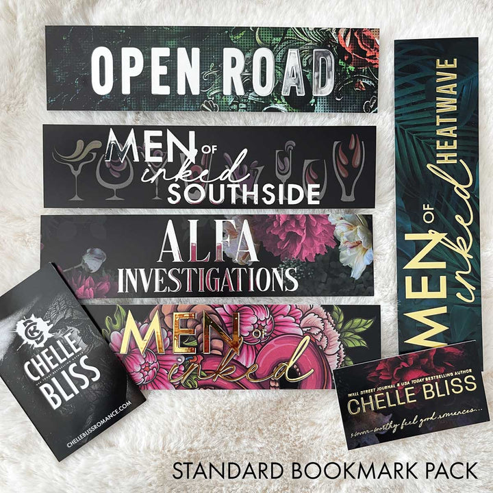 Bliss Bookmark Bundles featuring Open Road, Men of Inked Southside, ALFA Investigations, Men of Inked Heatwave and Men of Inked Original with a Chelle Bliss business card and information pamphlet on a cream background.