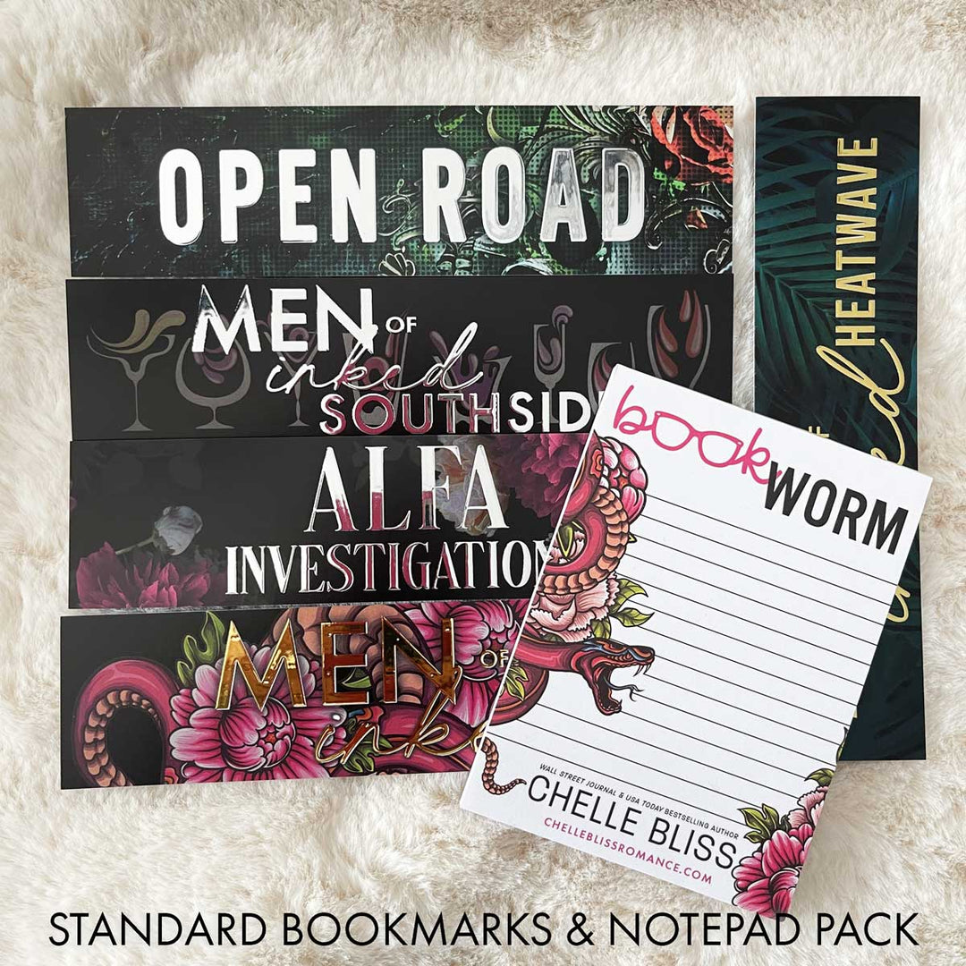 Bliss Bookmark Bundle featuring Open Road, Men of Inked Southside, ALFA Investigations, Men of Inked Heatwave and Men of Inked Originals and a bookworm note pad on a cream background.