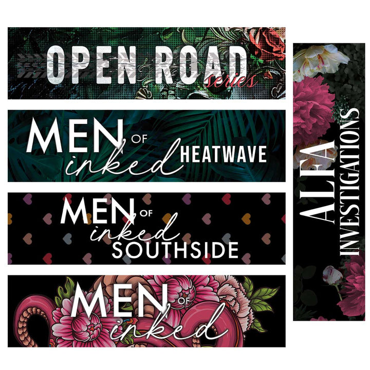 Bliss Bookmark Bundle featuring bookmarks Open Road, Men of Inked Heatwave, ALFA Investigations, Men of Inked Southside and Men of Inked Original on a white background. 