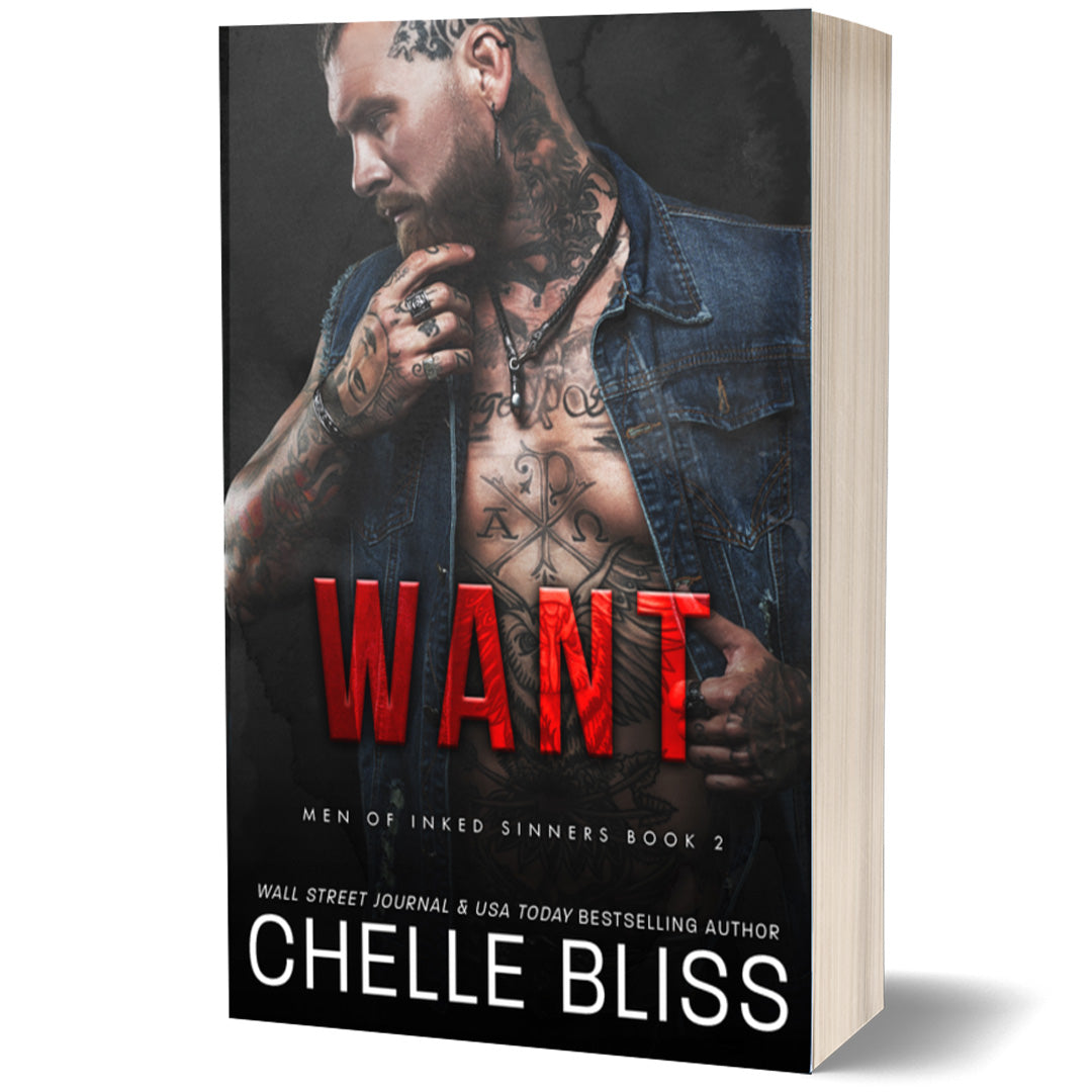 Want Paperback by Chelle Bliss featuring a tattooed man on the cover on a white background.