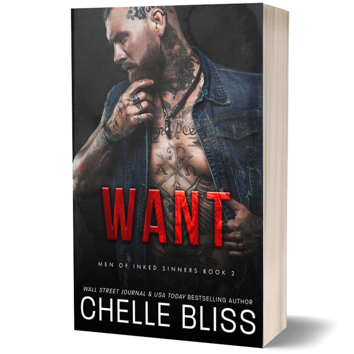 Want Paperback by Chelle Bliss featuring a tattooed man on the cover on a white background.
